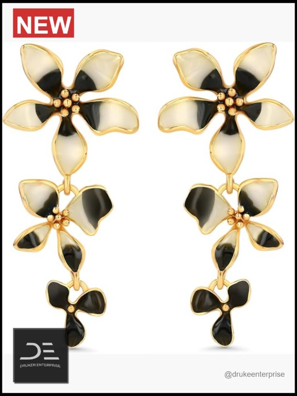 18K Gold Plated Dainty Chunky Enamel Flower Statement Earrings, Drop Dangle,